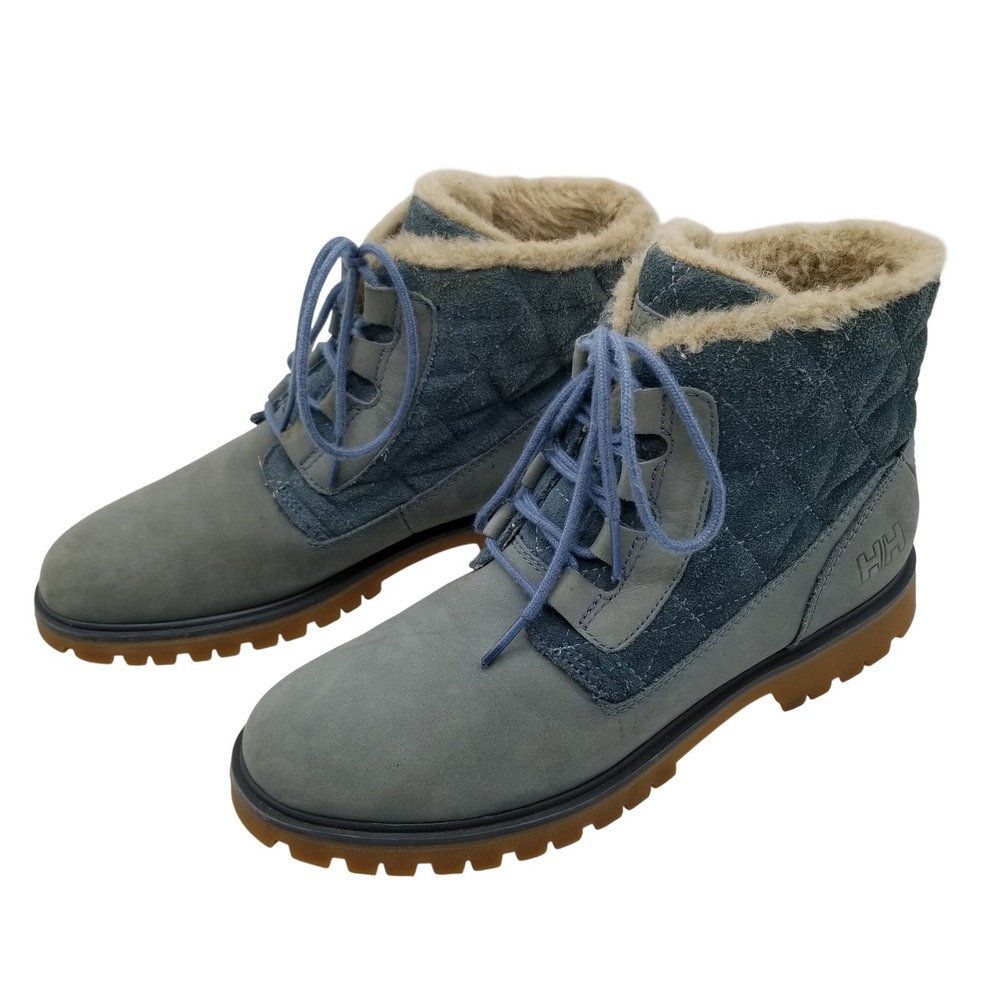 Helly Hansen Winter Boots Women 7 Blue Suede Quilted Faux Fur Lined Lug Sole 229